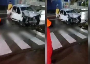 Carro perde o controle, bate em pilastra e deixa mulher ferida em Manaus; veja vídeo