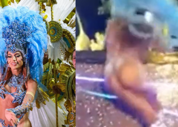 Anitta viraliza após quase cair de cara em gravação no Desfile das Campeãs no Rio; vídeo