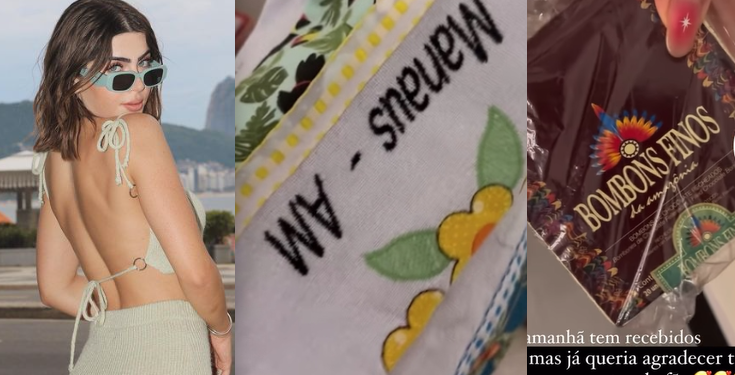 Jade Picon ‘pira’ ao ganhar bombons de cupuaçu e panos de prano de fã de Manaus; vídeo