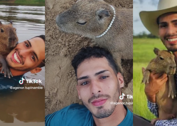 Amazonense viraliza ao mostrar rotina com capivara de estimação, a Filó: ‘Te amo caps’