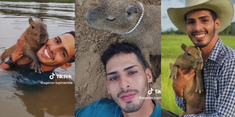 Amazonense viraliza ao mostrar rotina com capivara de estimação, a Filó: ‘Te amo caps’