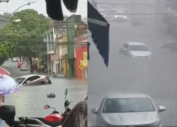 Vídeo: Carro quase é ‘afogado’ em rua do Centro de Manaus durante forte chuva
