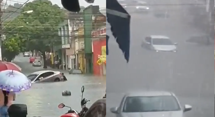 Vídeo: Carro quase é ‘afogado’ em rua do Centro de Manaus durante forte chuva