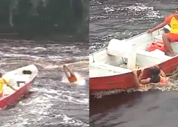 Vídeo: Turista é levado pelas águas da Corredeira do Urubuí em PF e bombeiros o resgatam