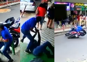 Motoqueiro vai pra porrada com ladrão e ele cai da moto durante fuga em Manaus; vídeo