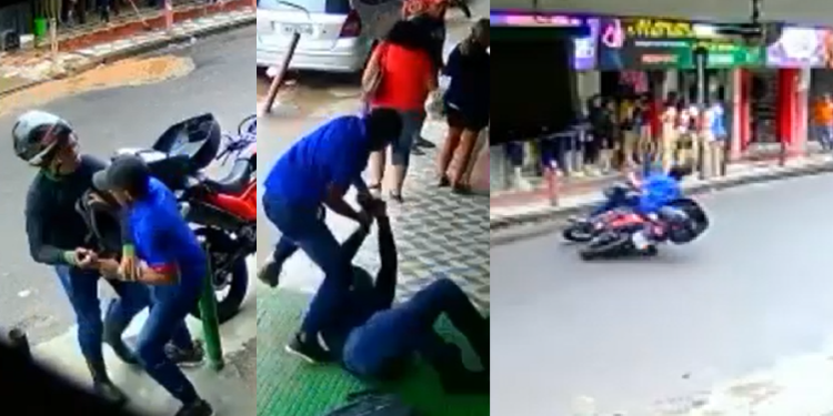Motoqueiro vai pra porrada com ladrão e ele cai da moto durante fuga em Manaus; vídeo