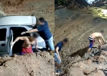 Mesmo com obra sinalizada e cratera maceta, motorista despenca com carro na Djalma Batista; vídeo