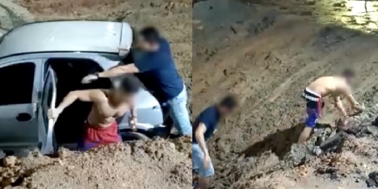 Mesmo com obra sinalizada e cratera maceta, motorista despenca com carro na Djalma Batista; vídeo