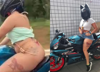 Conheça ‘Miau’, tatuada que viralizou ao pilotar R3 na Ponta Negra de fio dental