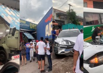 Vídeo mostra momento em que carreta desgovernada invade drogaria na Rodrigo Otávio