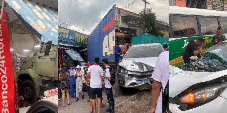 Vídeo mostra momento em que carreta desgovernada invade drogaria na Rodrigo Otávio