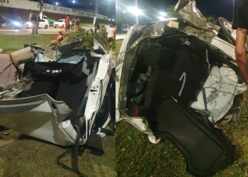 Vídeo: Jovens escapam da morte, mas carro é partido ao meio em acidente em Manaus