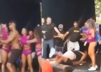 Abusado: Homem dá tapa em dançarina de show de brega e seguranças o derrubam; veja