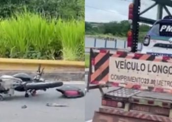 Imagem chocante: motoqueiro cai e acaba esmagado por caminhão na Avenida das Flores
