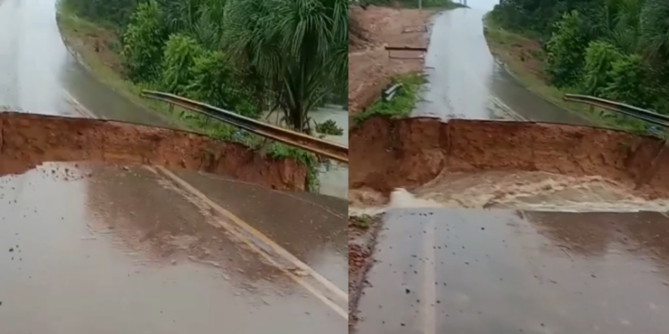 Parte da AM-010 desaba após forte chuva e trânsito fica comprometido; veja