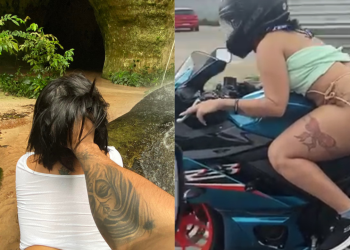 Motoqueira que pilotou de calcinha na Ponta Negra faz foto sensual em cachoeira e associação repudia