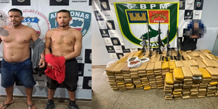 Dupla é presa em Coari com 849 kg de maconha, espingardas e submetralhadora