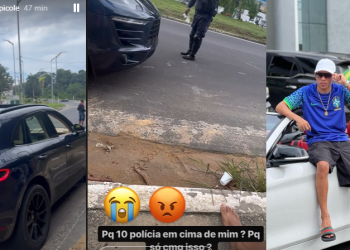 Dirigindo sem CNH e placa, influenciador Lucas Picolé reclama da PM ao ter carro de luxo guinchado; vídeo