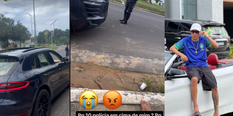 Dirigindo sem CNH e placa, influenciador Lucas Picolé reclama da PM ao ter carro de luxo guinchado; vídeo