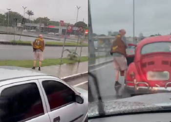 Desesperado, homem mija no meio do trânsito em Manaus e motorista se revolta: ‘Parabéns, hein’; vídeo