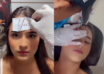 Jovem apaixonada viraliza ao ‘tatuar’ na testa o nome do namorado; vídeo
