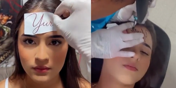 Jovem apaixonada viraliza ao ‘tatuar’ na testa o nome do namorado; vídeo