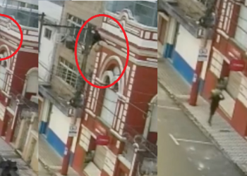 ‘Homem-aranha’: homem se pendura em poste e toca nos fios após furto no Centro de Manaus