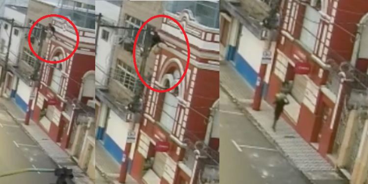 ‘Homem-aranha’: homem se pendura em poste e toca nos fios após furto no Centro de Manaus