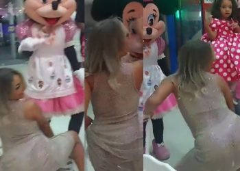 Vídeo: pai fica com “cara de tacho” ao ver esposa rebolando em festa da Minnie da filha