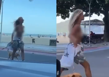 Vídeo: Loirona é presa pela polícia após passear com o cachorro na praia com as ‘peitcholas’ de fora