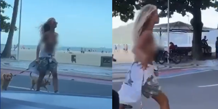 Vídeo: Loirona é presa pela polícia após passear com o cachorro na praia com as ‘peitcholas’ de fora