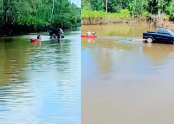 Homem viraliza ao transportar carro na rabetinha no Rio Atuá: ‘Coragem’; vídeo