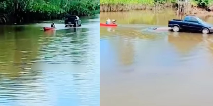 Homem viraliza ao transportar carro na rabetinha no Rio Atuá: ‘Coragem’; vídeo