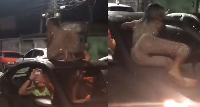 Vídeo mostra mãe dançando também em cima do carro e quase sofrendo acidente ‘ginecológico’; veja