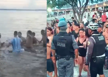 Banhistas metem a porrada em suposto ‘taradão’ que dava em cima de meninas na Ponta Negra; vídeo
