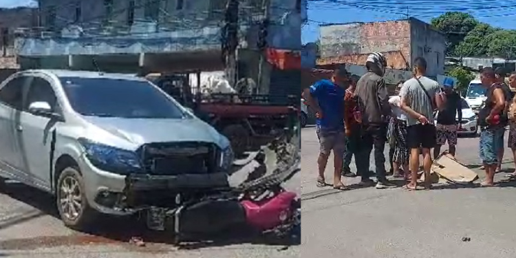 Motociclista fica gravemente ferido ao ser batido por carro na Manaus 2000; moto ficou presa na lataria