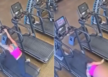 Vídeo: Mulher cai na esteira da academia, tem a roupa sugada e fica com tudo pra fora