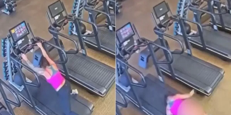 Vídeo: Mulher cai na esteira da academia, tem a roupa sugada e fica com tudo pra fora
