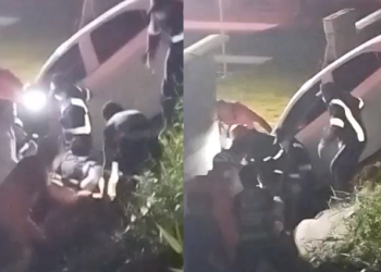 Vídeo: Casal fica ferido após cair com carro em barranco no Lago Azul e homem é retirado aos gritos