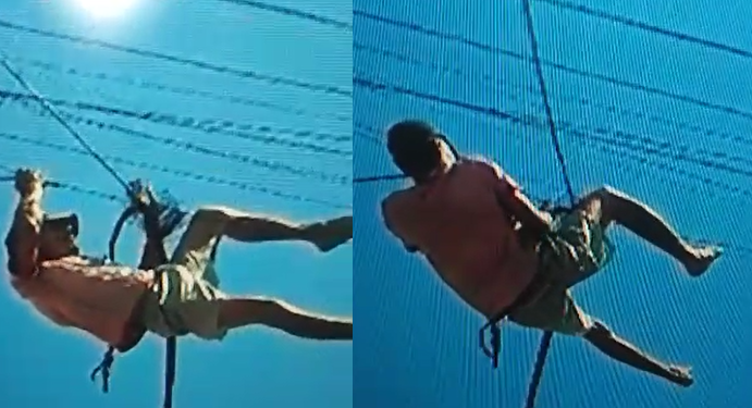Doido pra morrer, ‘miranha  do crime’ se pendura em poste para furtar fios de internet em Manacapuru; vídeo