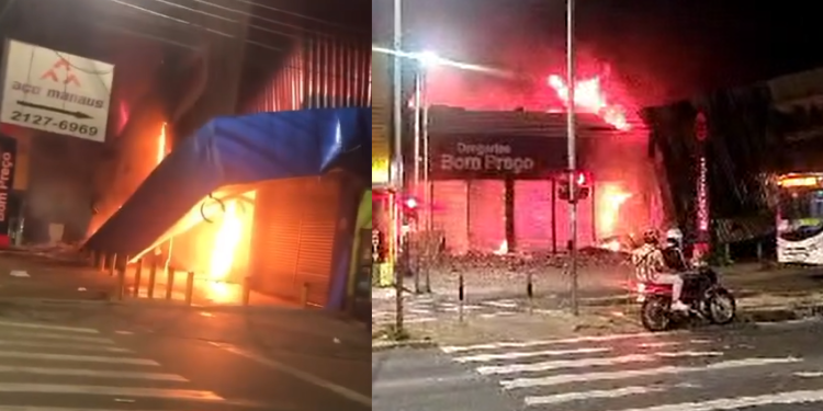 Vídeo: Incêndio destrói loja TV Lar e drogaria Bom Preço na avenida Torquato Tapajós