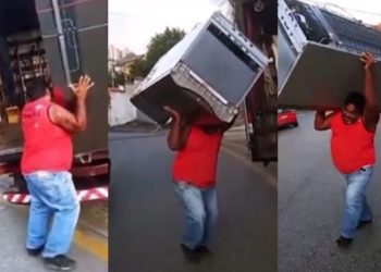 Vídeo: Trabalhador viraliza ao fazer o ‘passinho do Maguila’ com geladeira nas costas