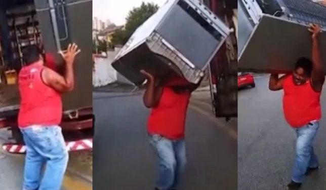 Vídeo: Trabalhador viraliza ao fazer o ‘passinho do Maguila’ com geladeira nas costas
