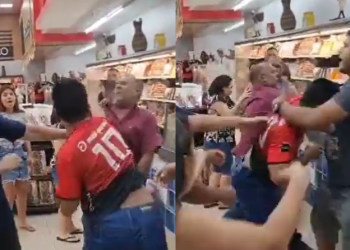 Vídeo: Flamenguista e ‘coroa’ vão pra porrada por causa de peixe dentro do supermercado Vitória