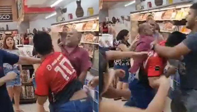 Vídeo: Flamenguista e ‘coroa’ vão pra porrada por causa de peixe dentro do supermercado Vitória