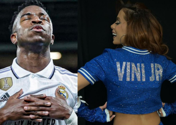 Anitta exibe nome de Vini Jr. na final da Champions contra racismo e ele responde: ‘te amo’