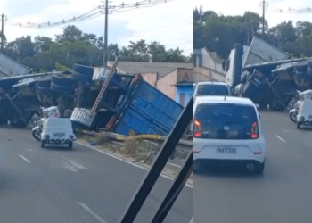 Carreta tomba na Cidade Nova e quase provoca tragédia em Manaus