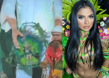 Alegoria despenca com Rainha do Folclore do Garantido e causa grande susto; veja
