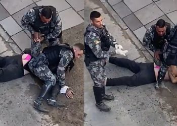 Polícia precisa de quatro homens para prender valentão do fio dental da Barbie na rua