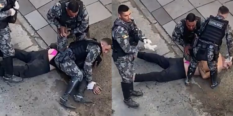Polícia precisa de quatro homens para prender valentão do fio dental da Barbie na rua